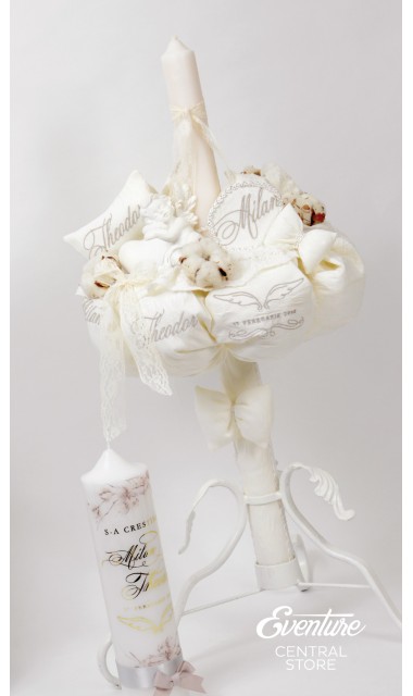 Lumanare de botez brodata cu aripi de inger, 65x4cm, Wings of cotton 3